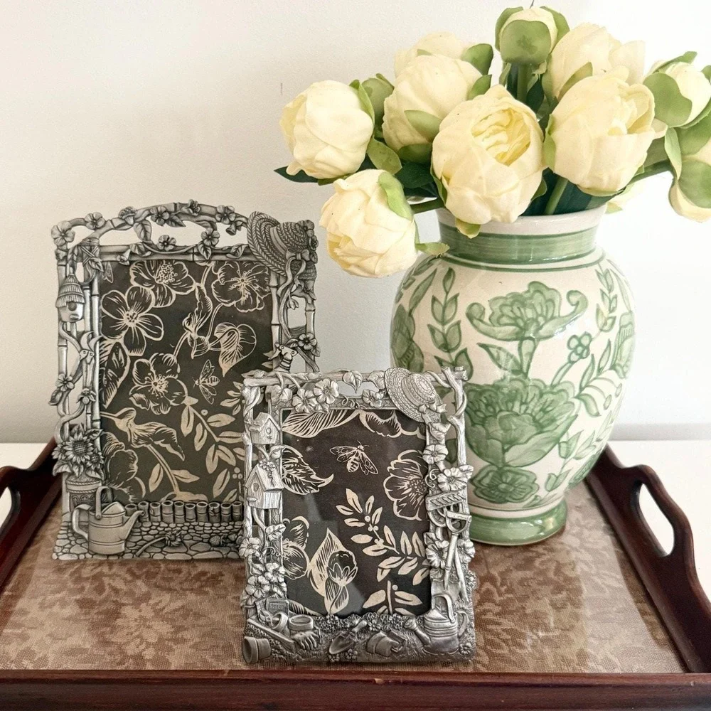 Vintage Cottage Garden Picture Frame Set Pewter Toned Raised Detail 5x7 & 3.5x5